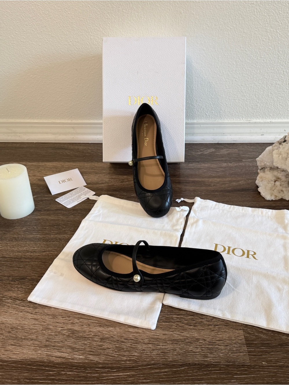 Dior Black Quilted Mary Jane Ballet Flats with Pearl Button
